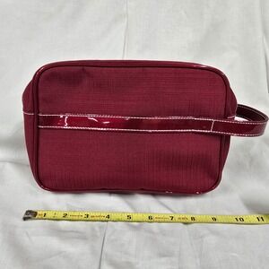 Estee Lauder Burgundy Canvas Patent Trim Makeup Bag Cosmetic Travel Case Wine